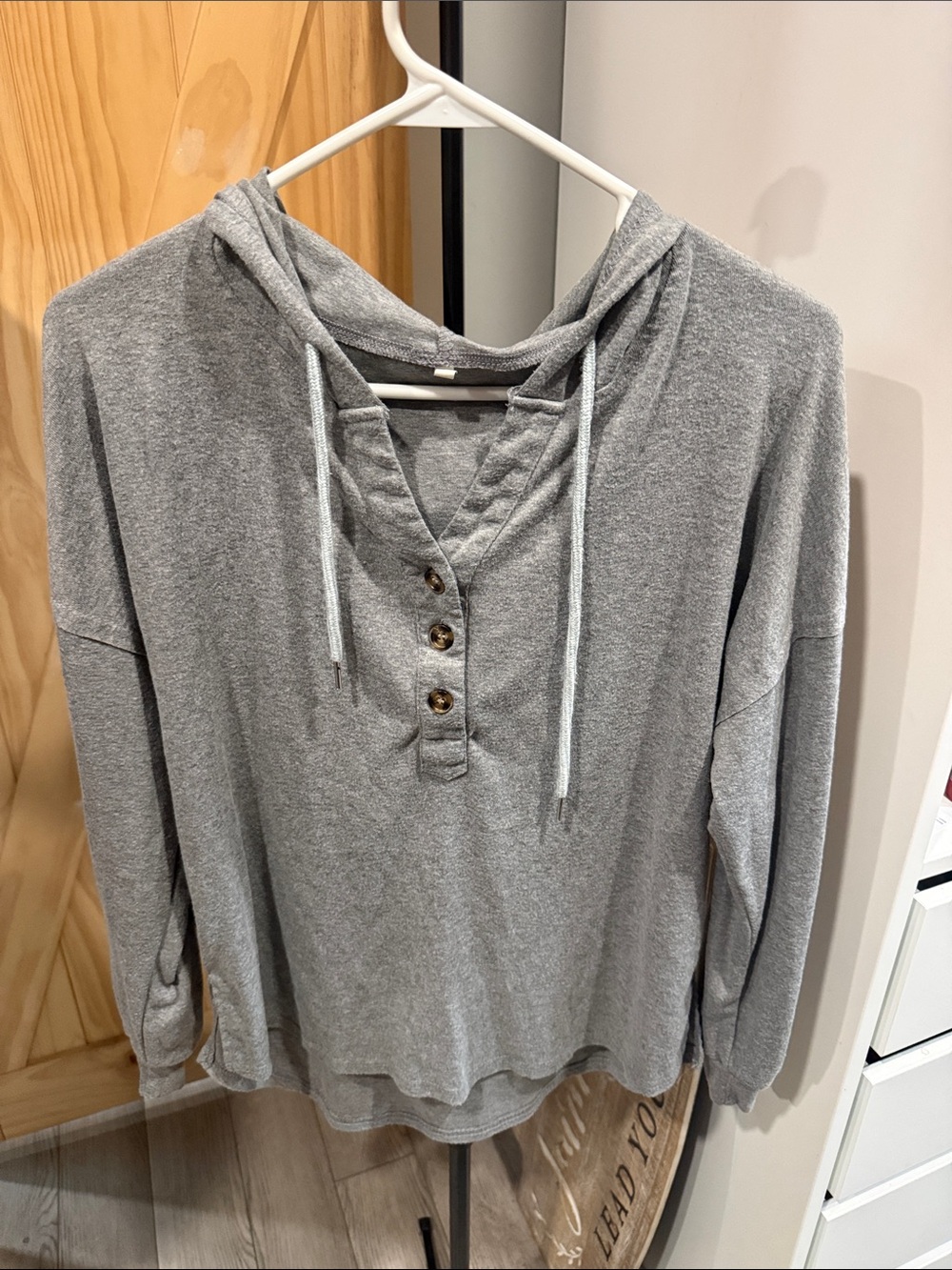 SHEIN Gray Hooded Henley Pullover with Button Placket